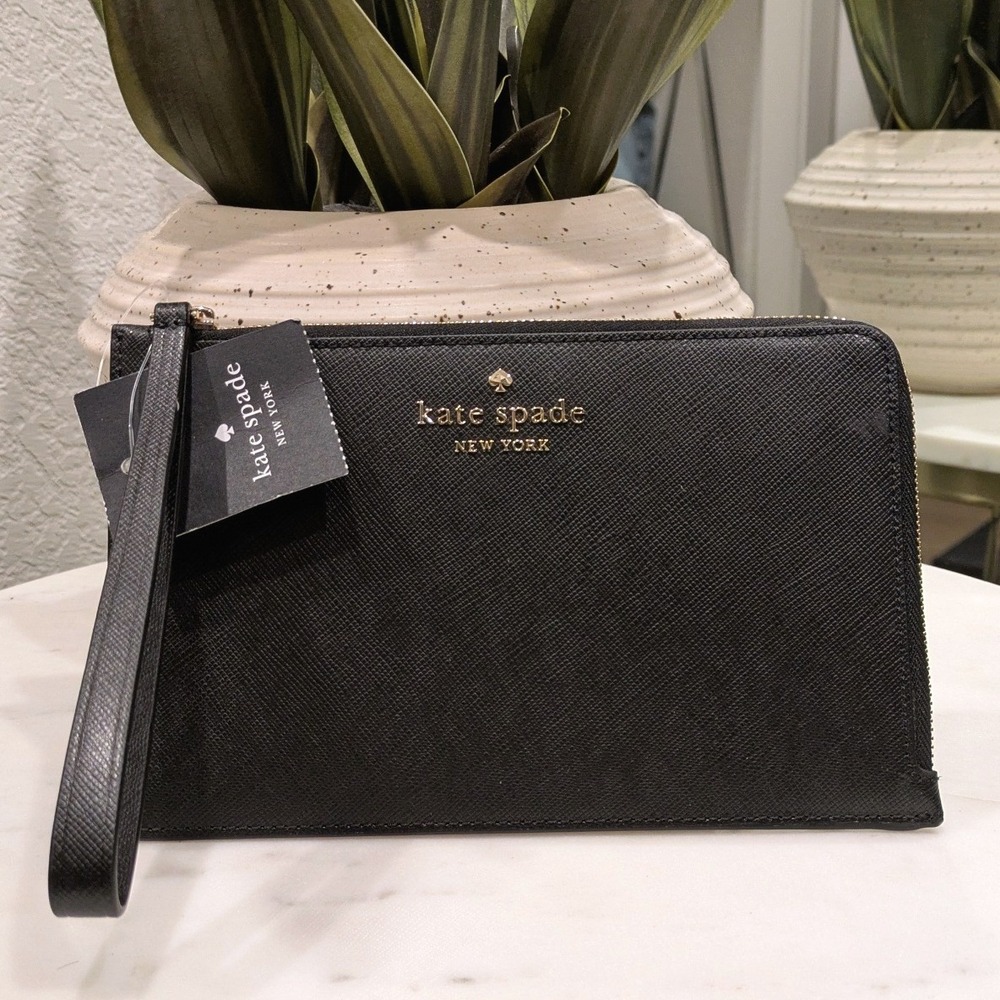 Kate Spade Staci Wristlet Pouch Women OS Black Leather Saffiano Gold Logo Zip